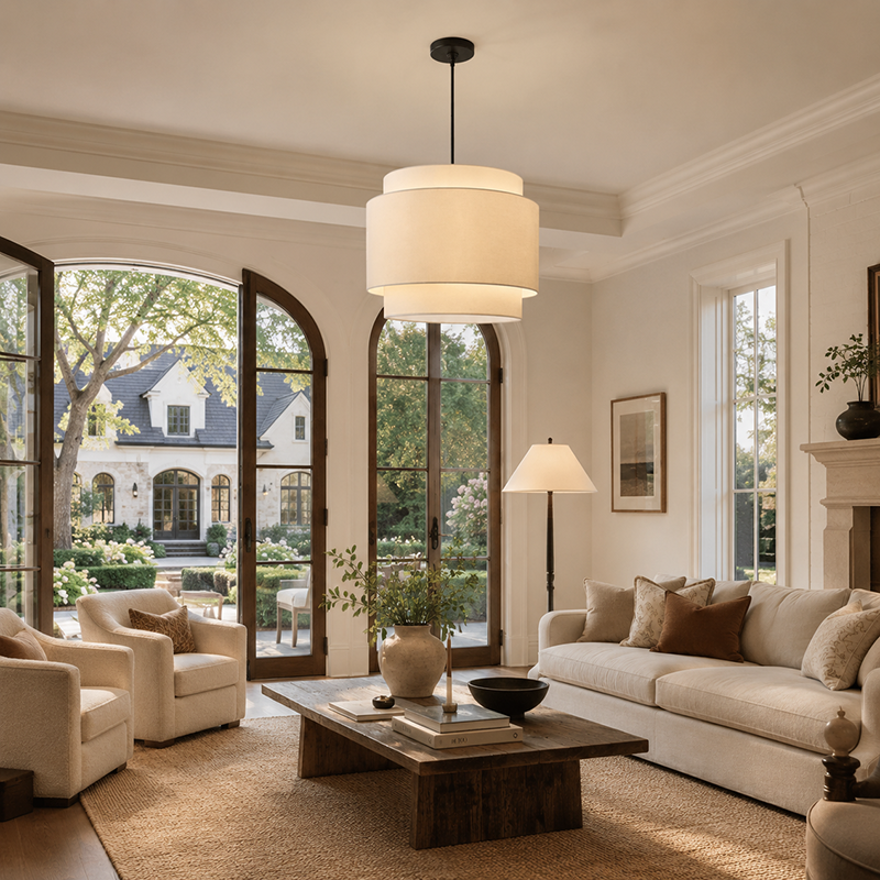 Layered Linen Drum Pendant Light